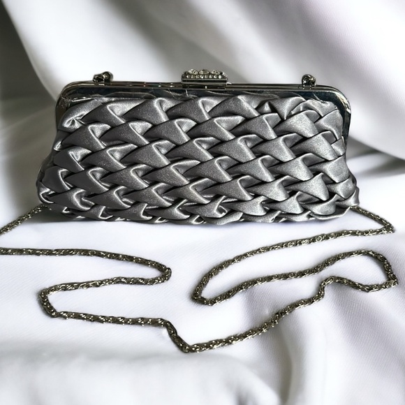 Gray Satin Evening Handbag Clutch with Silver Crossbody Chain Strap - Picture 6 of 6